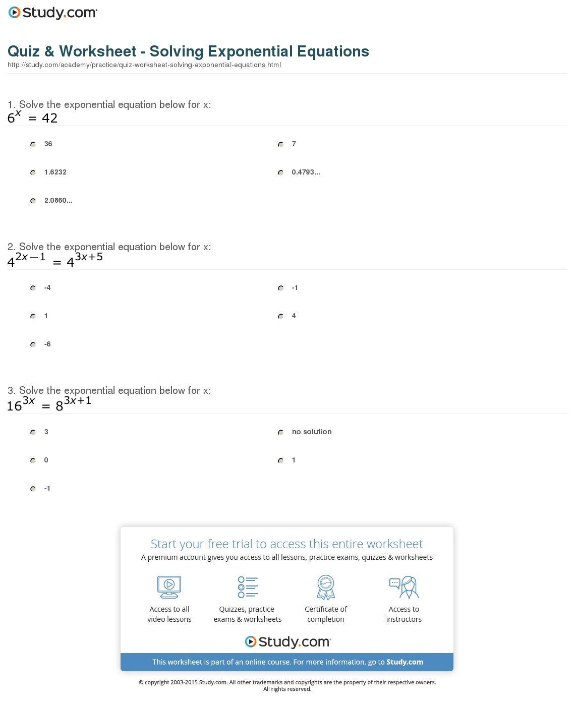 Quiz  Worksheet  Solving Exponential Equations  Study As Well As Solving Exponential Equations Worksheet With Answers