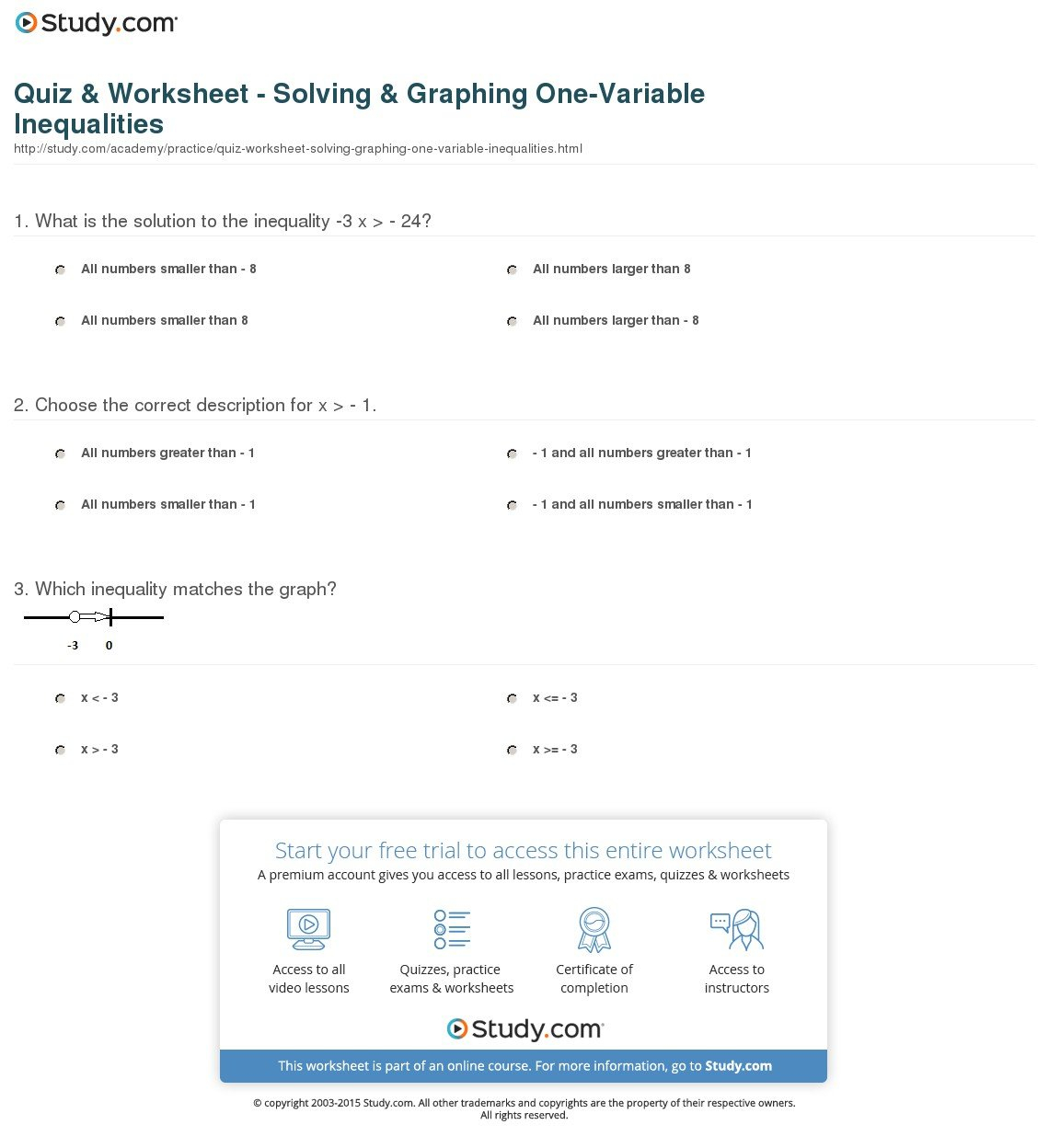 Quiz  Worksheet  Solving  Graphing Onevariable Inequalities Regarding Solving And Graphing Inequalities Worksheet Answers