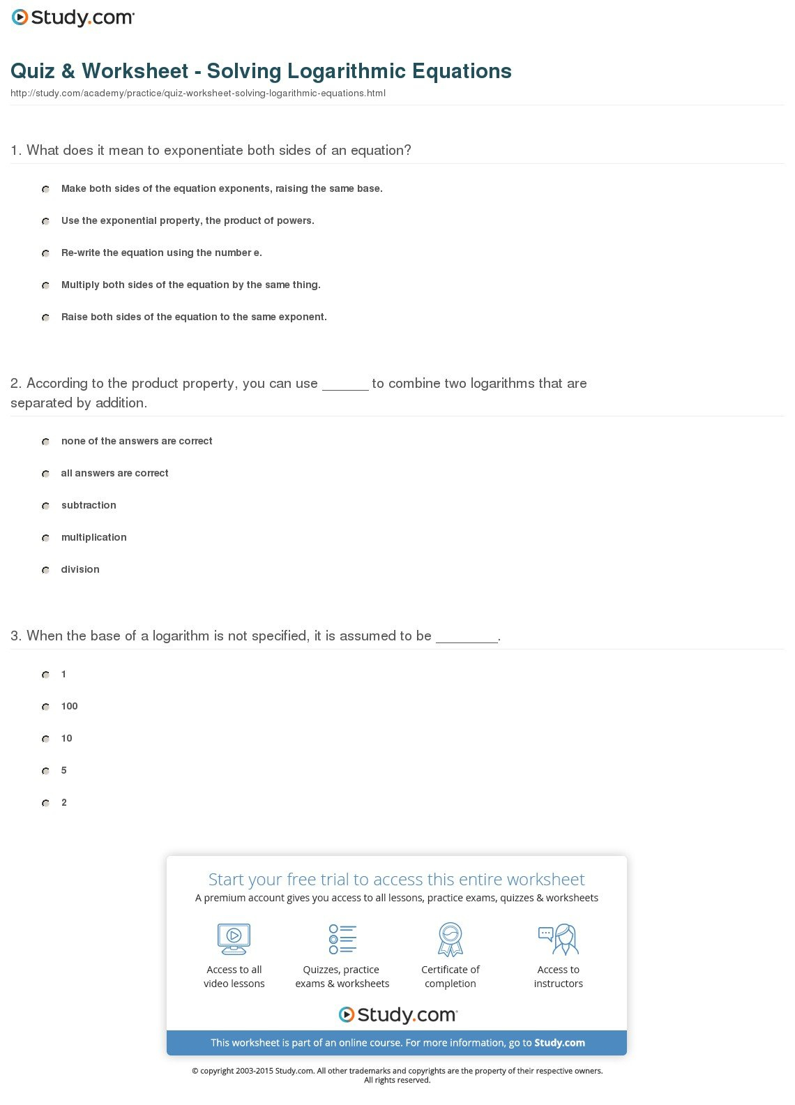 Quiz  Worksheet  Solving Logarithmic Equations  Study Along With Logarithmic Equations Worksheet
