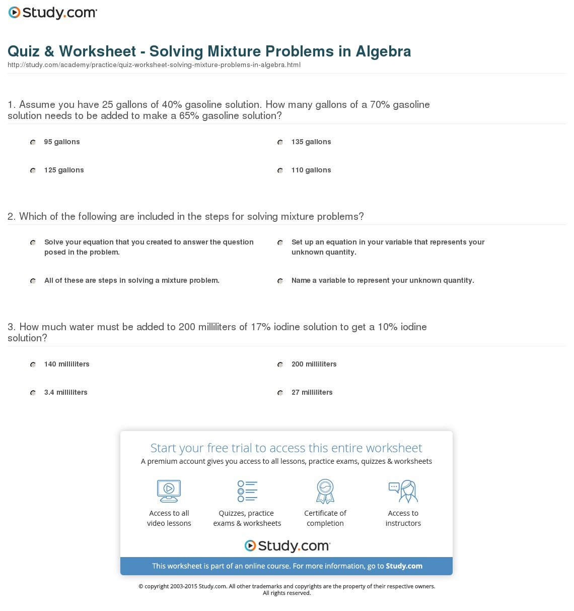 Quiz  Worksheet  Solving Mixture Problems In Algebra  Study Also Mixture Problems Worksheet