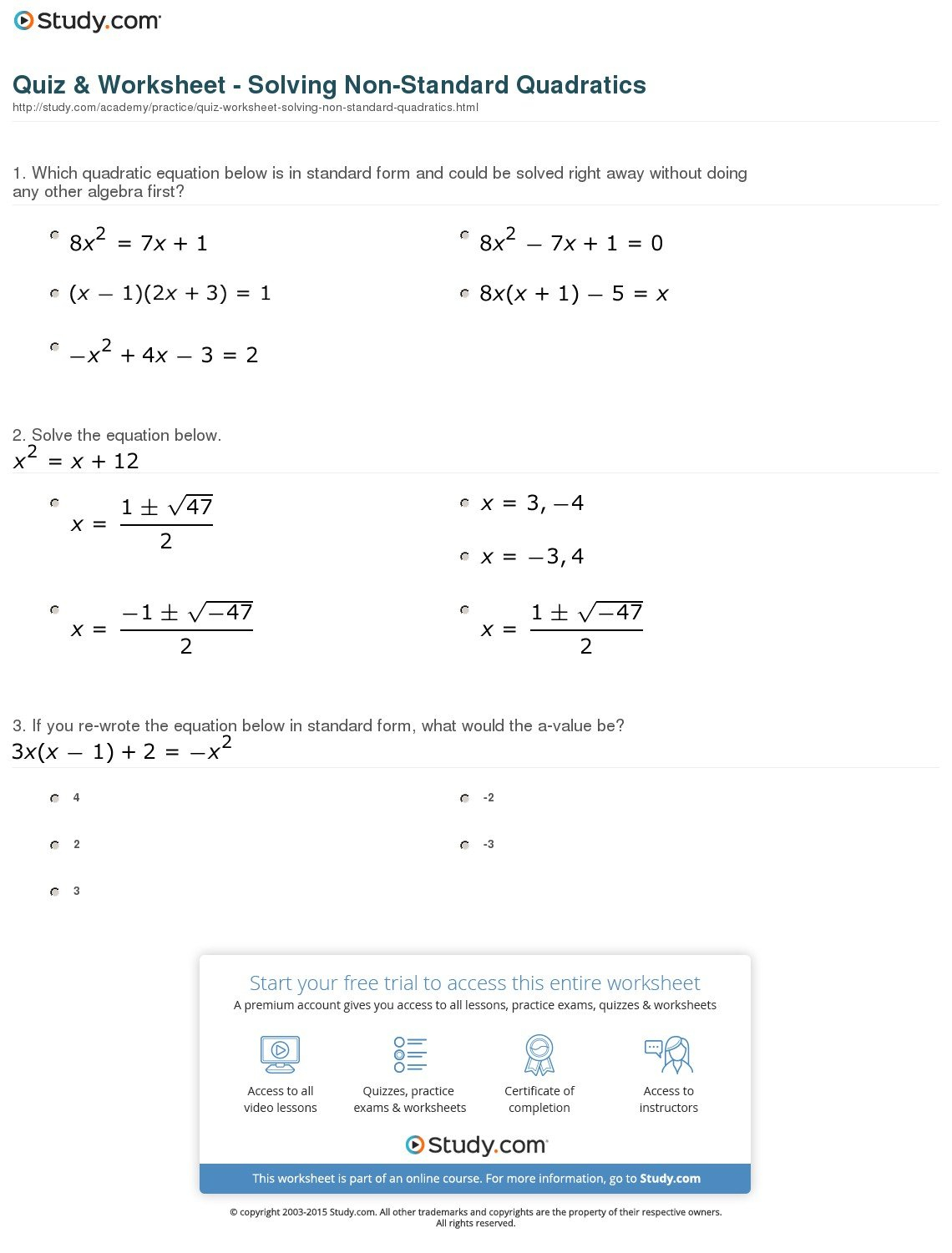 Quiz  Worksheet  Solving Nonstandard Quadratics  Study For Solving Quadratic Equations Worksheet