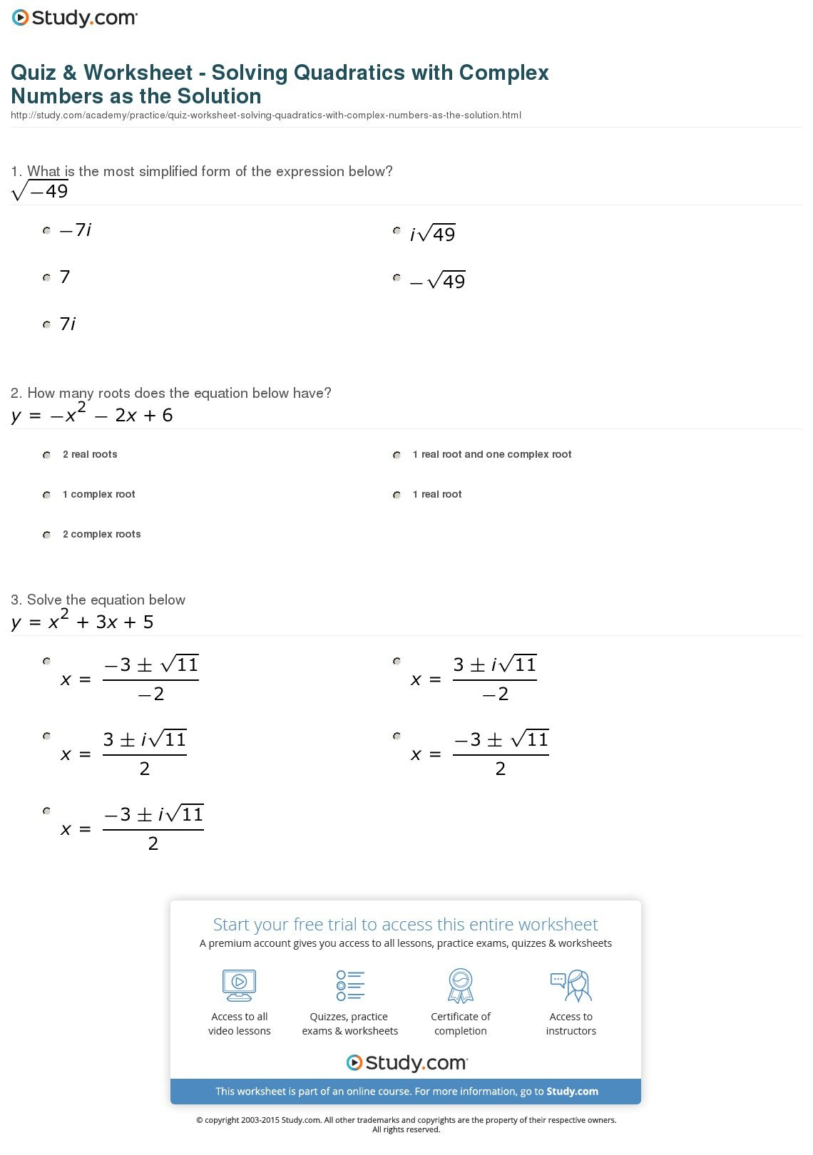 Quiz  Worksheet  Solving Quadratics With Complex Numbers As The Together With Solving Quadratic Equations With Complex Solutions Worksheet