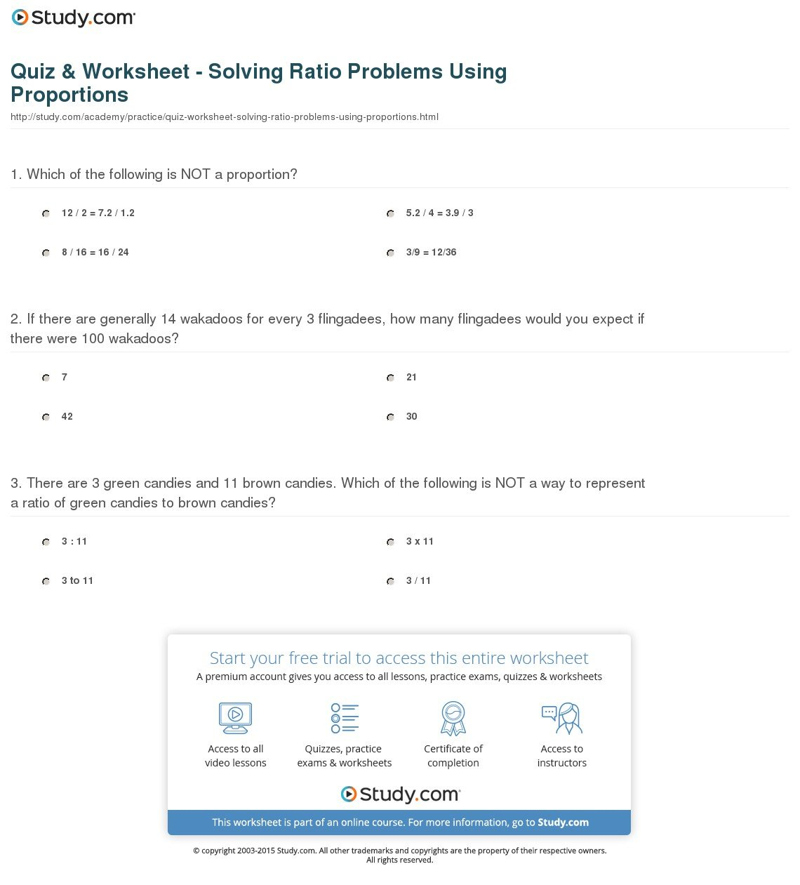 Quiz  Worksheet  Solving Ratio Problems Using Proportions  Study Also Solving Proportions Worksheet Answers