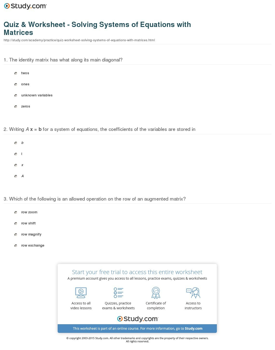 Quiz  Worksheet  Solving Systems Of Equations With Matrices Inside Solving Systems Of Equations Using Matrices Worksheet