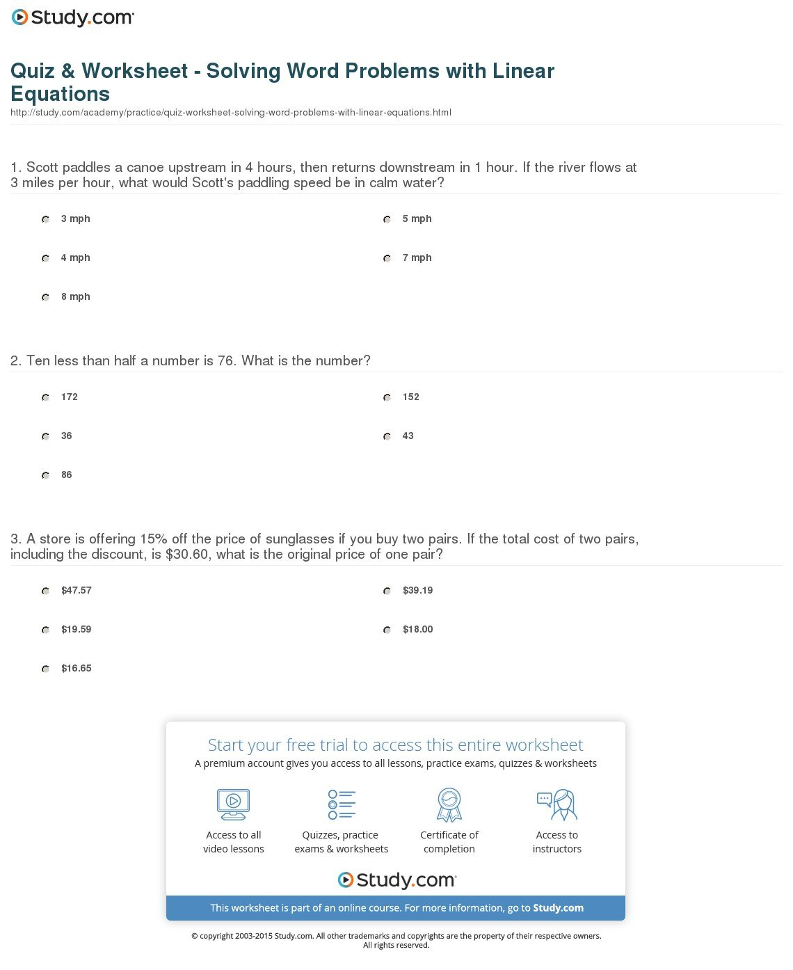 Quiz  Worksheet  Solving Word Problems With Linear Equations For Systems Of Linear Equations Word Problems Worksheet