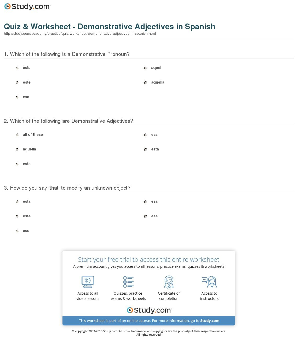 Quiz  Worksheet  Spanish Demonstrative Adjectives  Pronouns Intended For Demonstrative Adjectives Spanish Worksheet