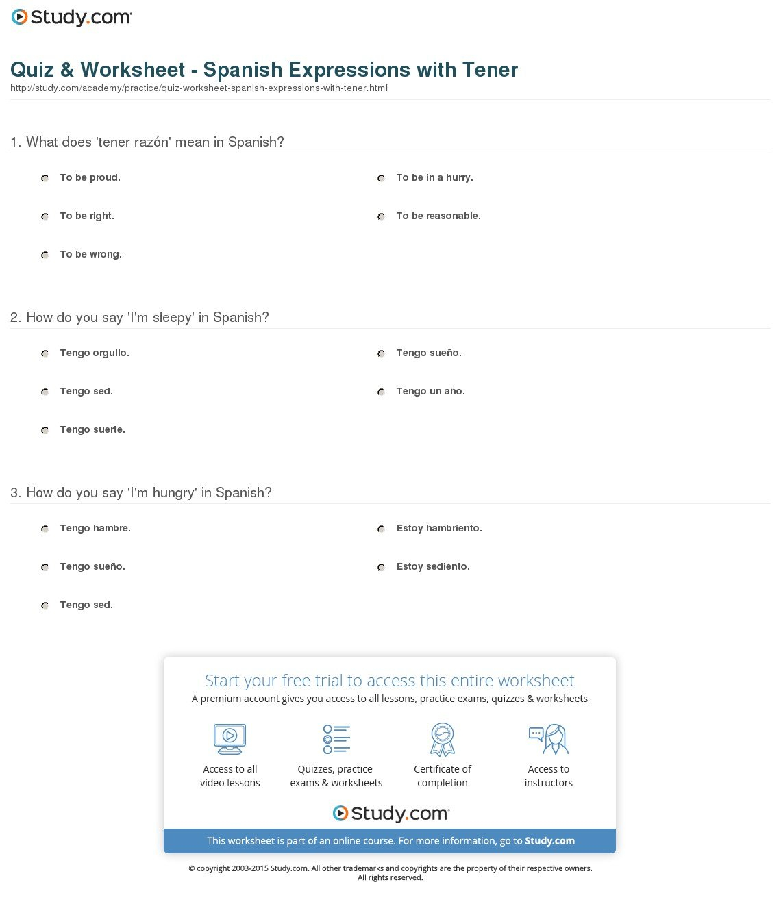 Quiz  Worksheet  Spanish Expressions With Tener  Study With Regard To Tener Worksheet Spanish 1 Answers
