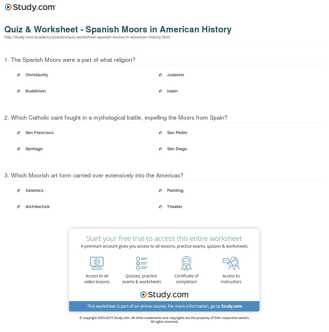 Quiz  Worksheet  Spanish Moors In American History  Study Along With Us History Worksheets