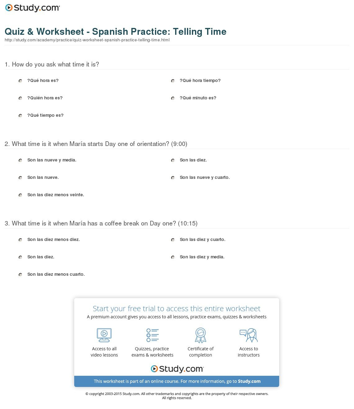 Quiz  Worksheet  Spanish Practice Telling Time  Study With Regard To Verbs Like Gustar Worksheet Pdf