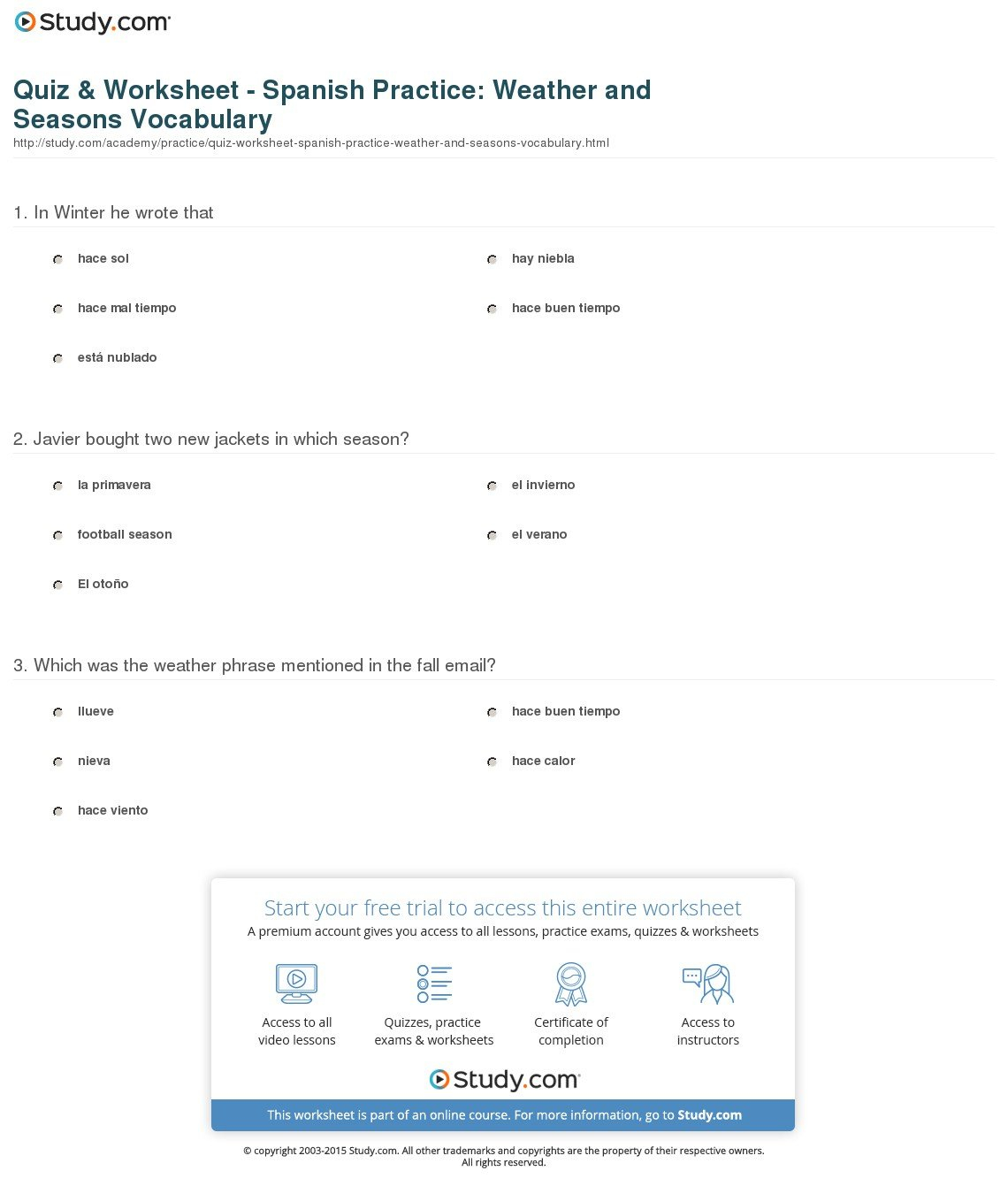 Quiz  Worksheet  Spanish Practice Weather And Seasons Vocabulary With Spanish Weather Worksheets