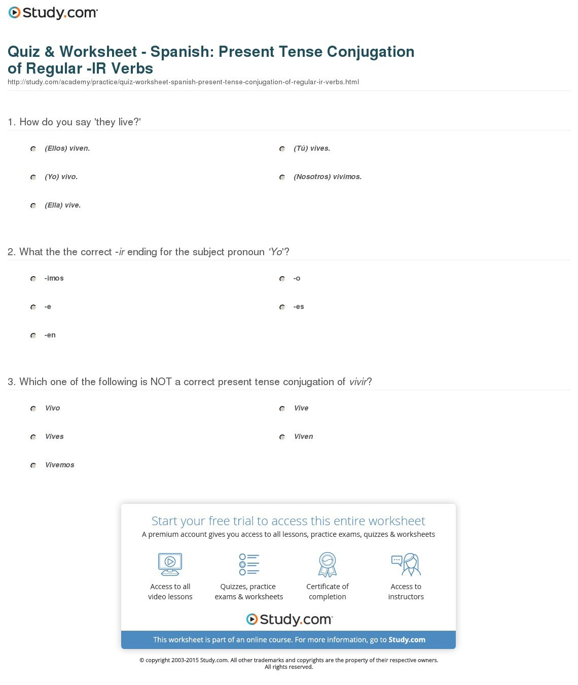 Quiz  Worksheet  Spanish Present Tense Conjugation Of Regular Ir With Spanish Conjugation Worksheets