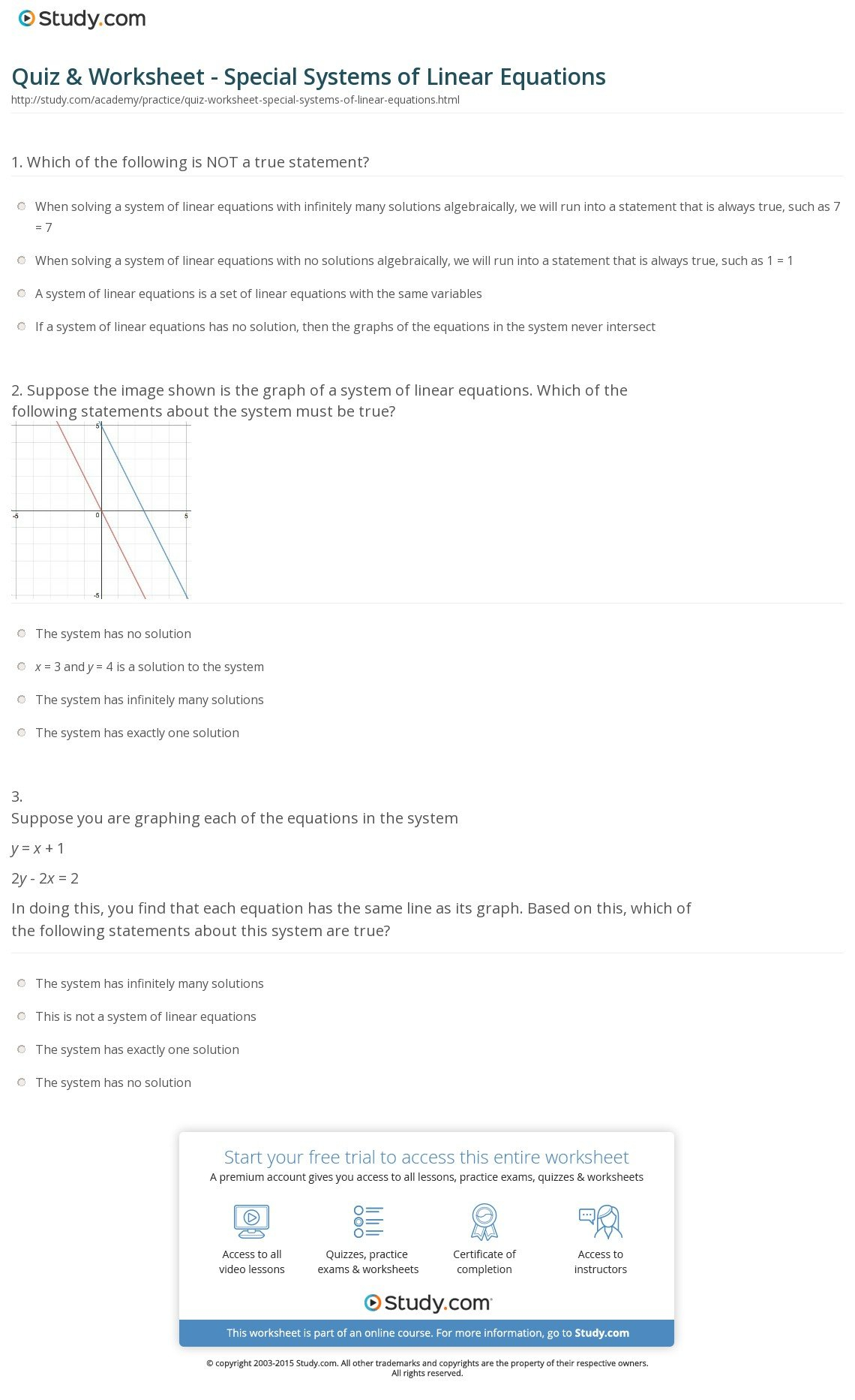 Quiz  Worksheet  Special Systems Of Linear Equations  Study For Solving Systems Of Equations Algebraically Worksheet
