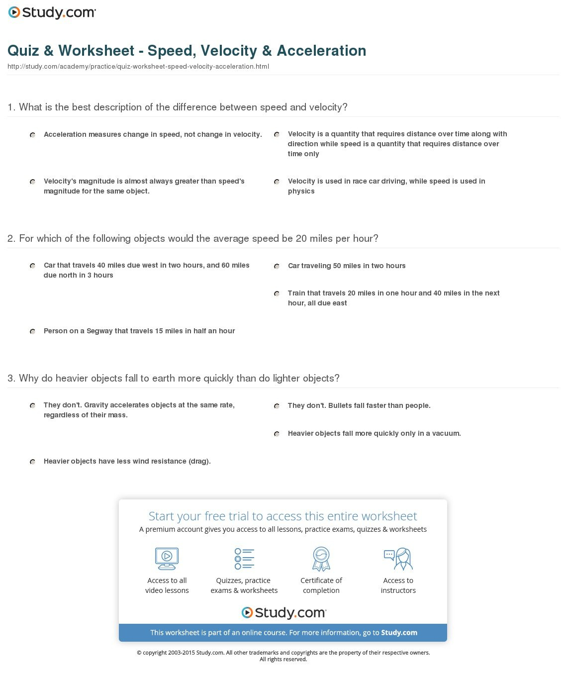 Quiz  Worksheet  Speed Velocity  Acceleration  Study Throughout Speed Velocity And Acceleration Worksheet Answers