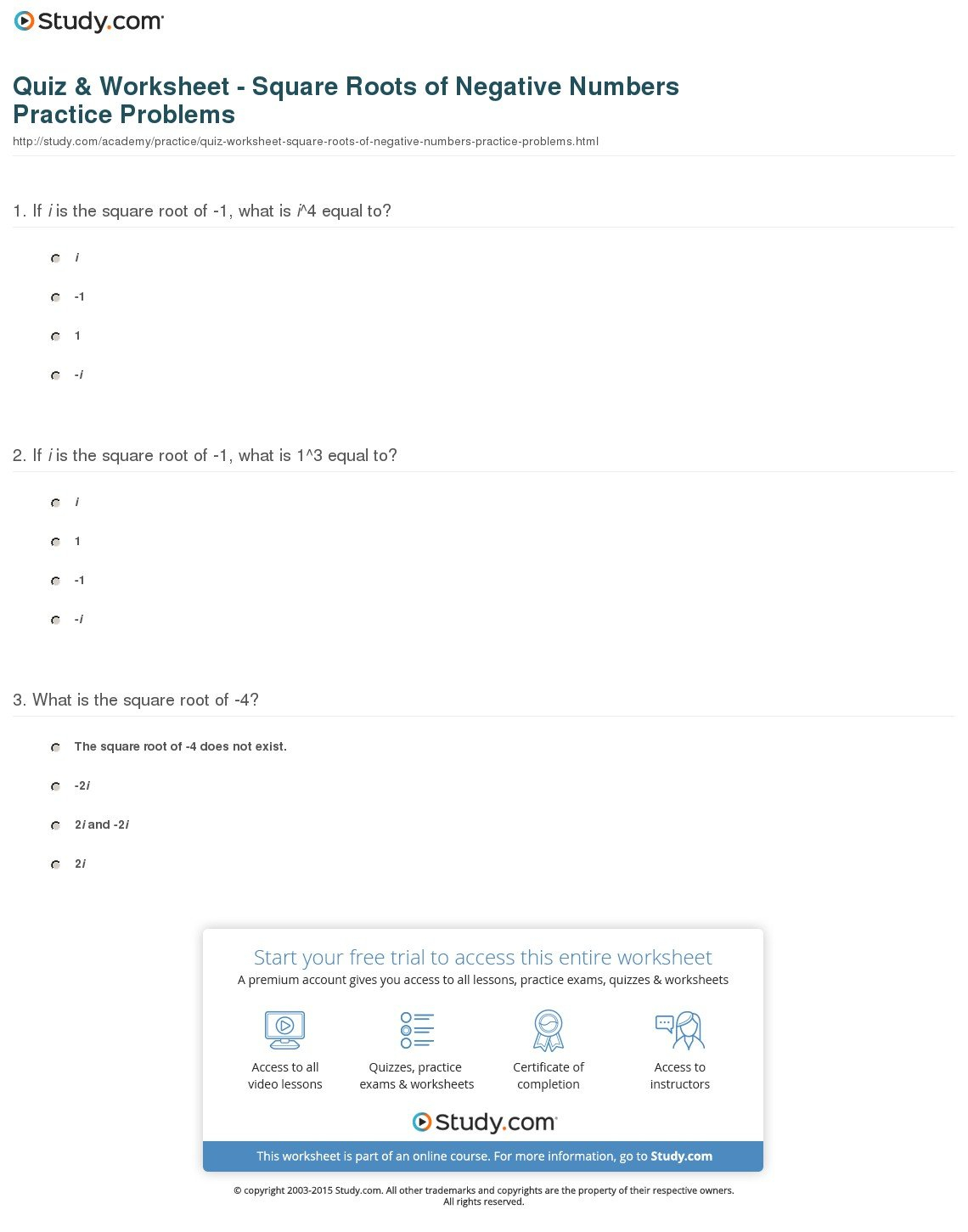 Quiz  Worksheet  Square Roots Of Negative Numbers Practice Also Square Roots Of Negative Numbers Worksheet