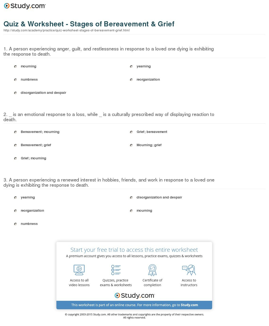 Quiz  Worksheet  Stages Of Bereavement  Grief  Study Together With Grief And Loss Worksheets For Adults