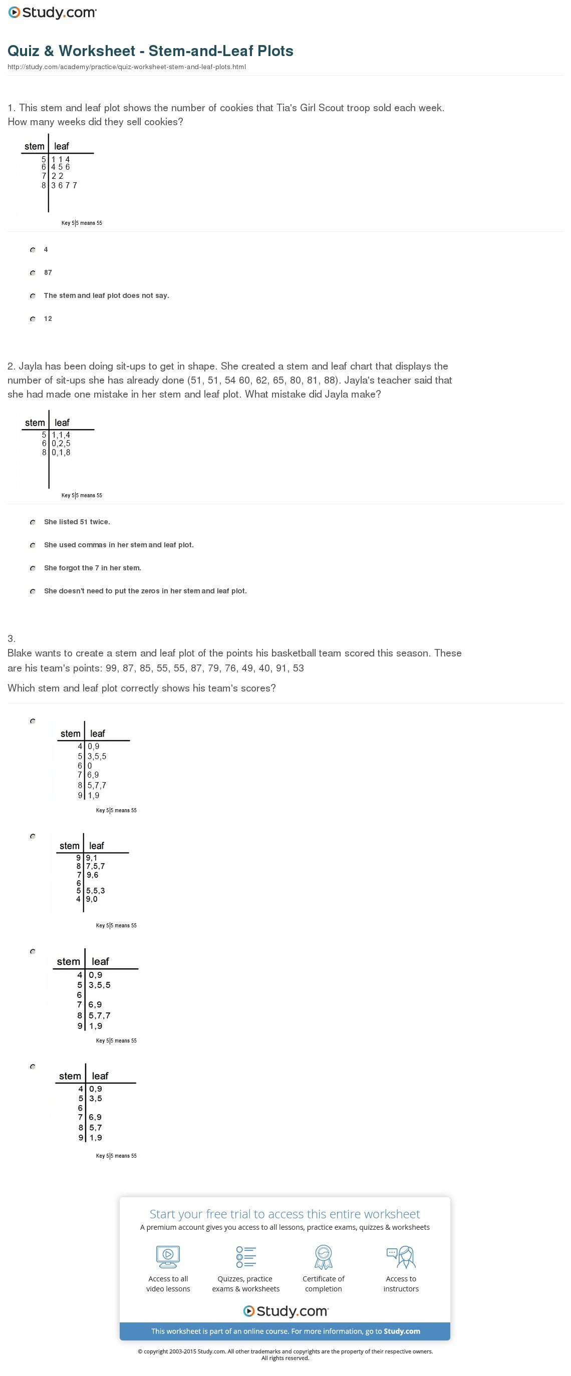 Quiz  Worksheet  Stemandleaf Plots  Study And Stem And Leaf Plot Worksheet Answers