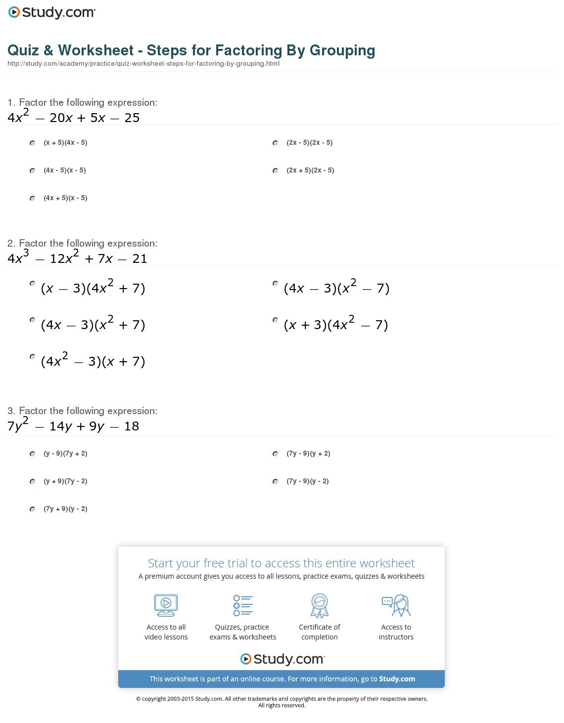 Quiz  Worksheet  Steps For Factoringgrouping  Study Inside Factoring Polynomials By Grouping Worksheet