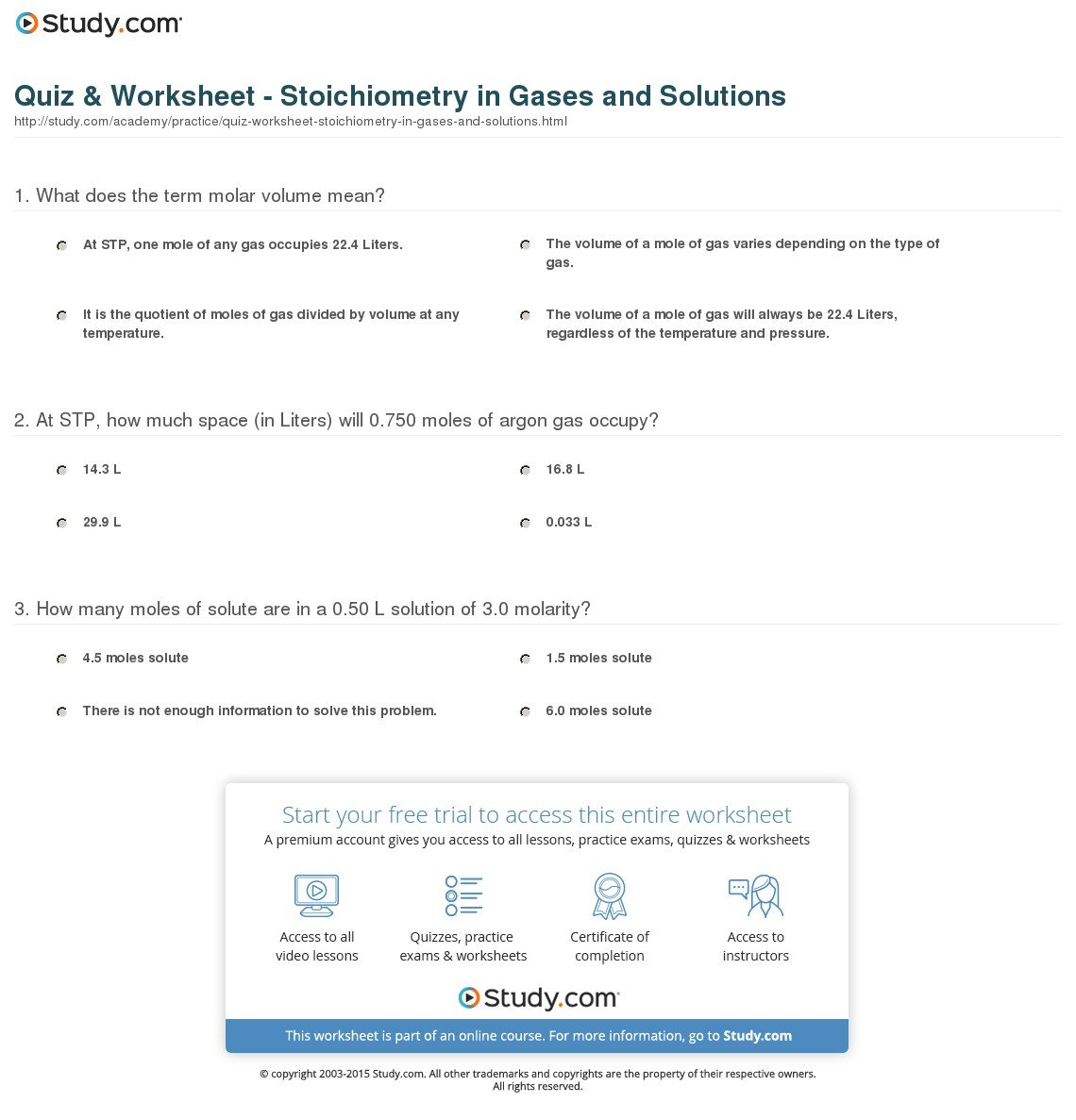 Quiz  Worksheet  Stoichiometry In Gases And Solutions  Study Or Gas Stoichiometry Worksheet With Solutions