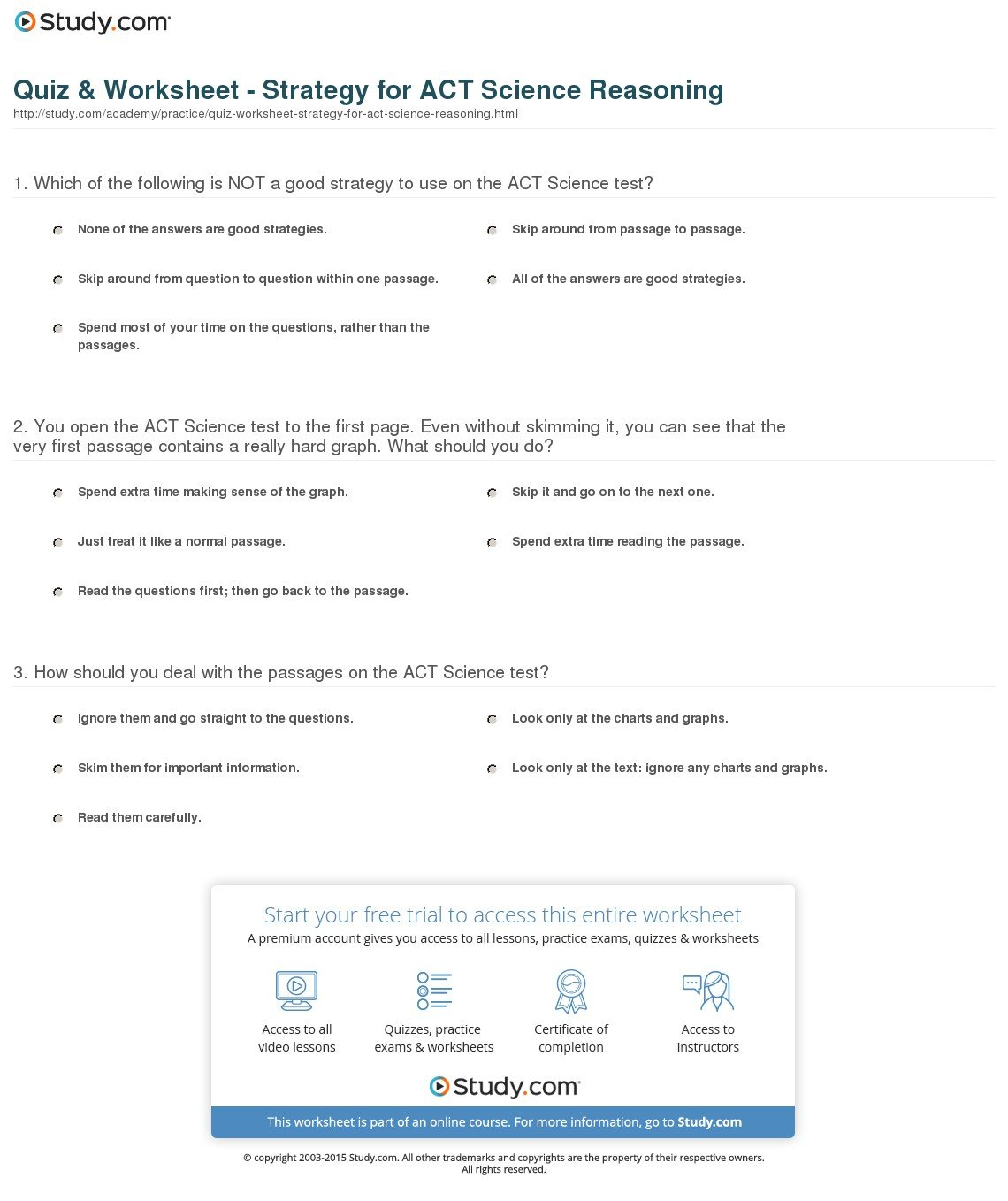 Quiz  Worksheet  Strategy For Act Science Reasoning  Study With Regard To Act Test Prep Worksheets