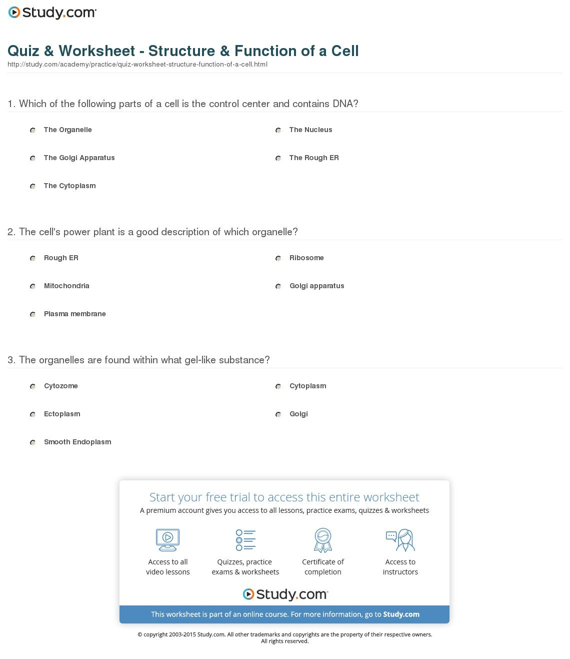 Quiz  Worksheet  Structure  Function Of A Cell  Study Intended For Cell Parts And Functions Worksheet Answers