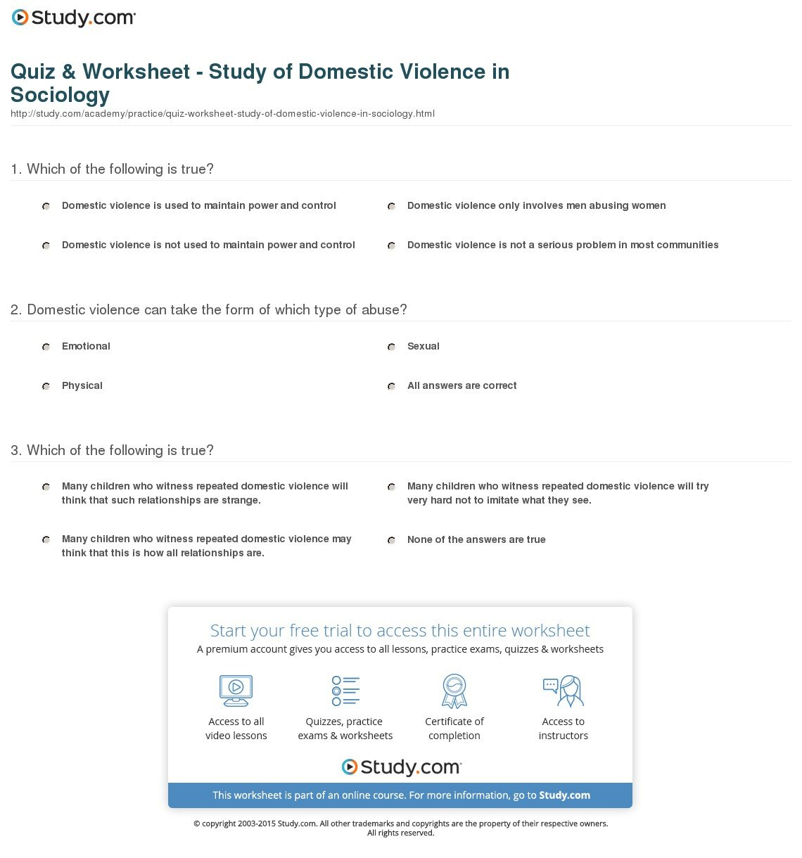 Quiz  Worksheet  Study Of Domestic Violence In Sociology  Study For Domestic Violence Worksheets