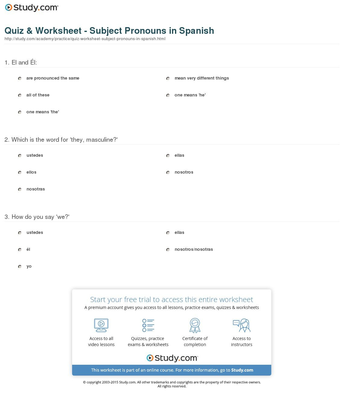 Quiz  Worksheet  Subject Pronouns In Spanish  Study Within Subject Pronouns Worksheet 1 Spanish Answer Key