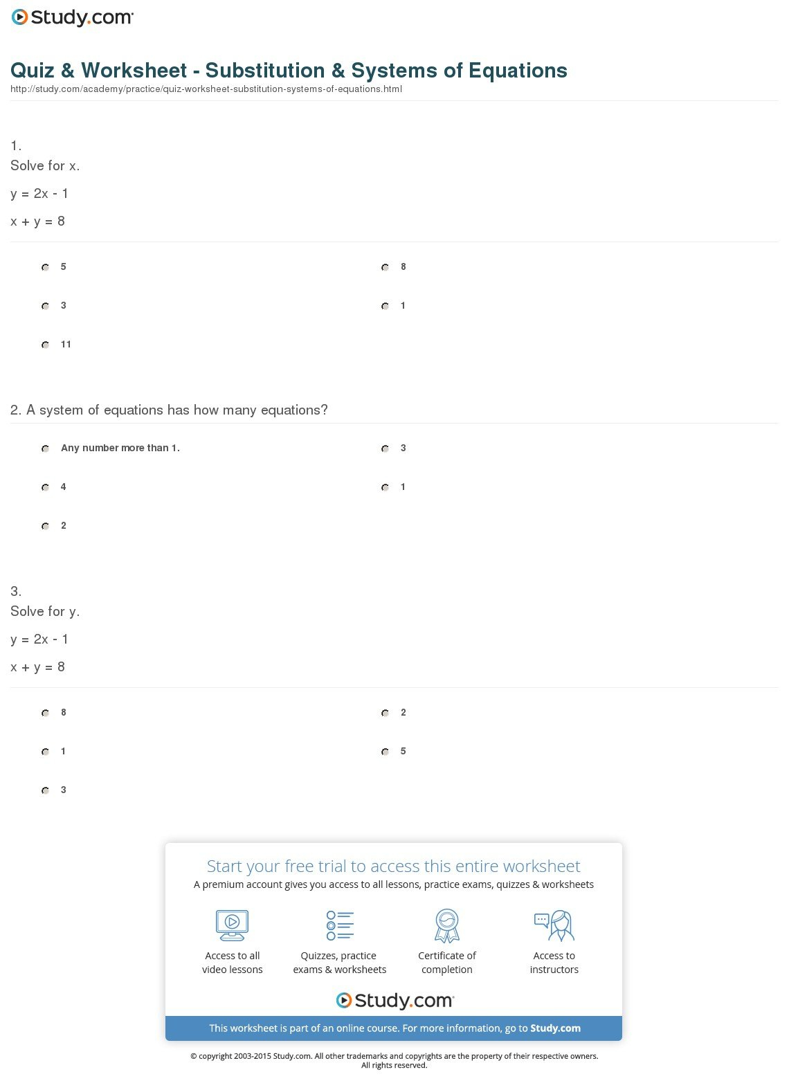 Quiz  Worksheet  Substitution  Systems Of Equations  Study Together With Substitution And Elimination Word Problems Worksheet