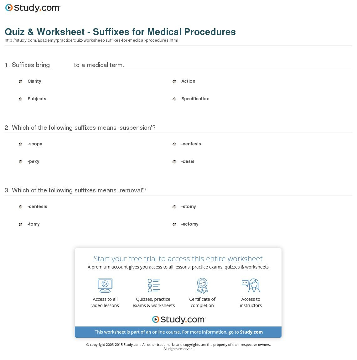 Quiz  Worksheet  Suffixes For Medical Procedures  Study And Medical Terminology Prefixes Worksheet