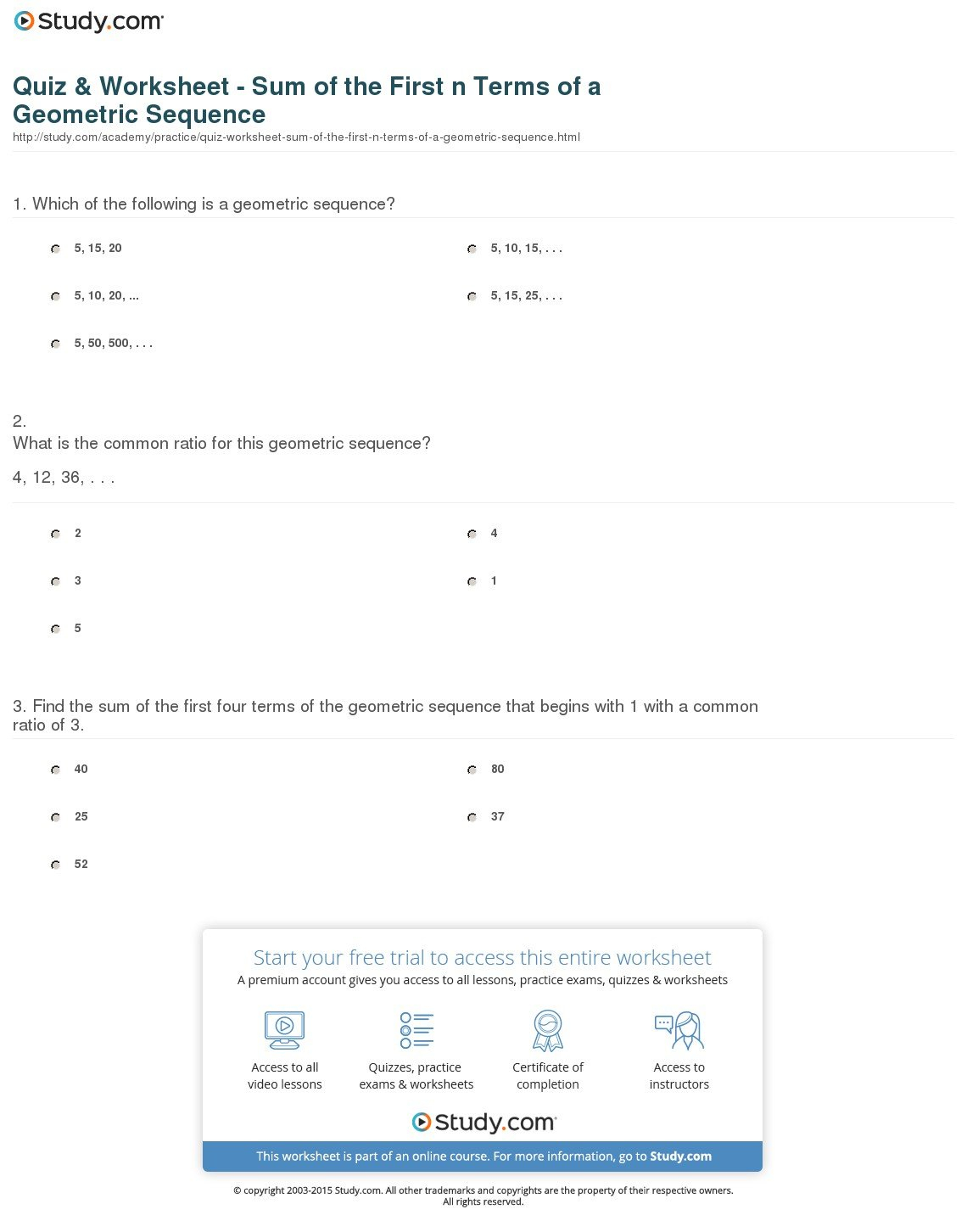 Quiz  Worksheet  Sum Of The First N Terms Of A Geometric Sequence For Geometric Sequence Worksheet