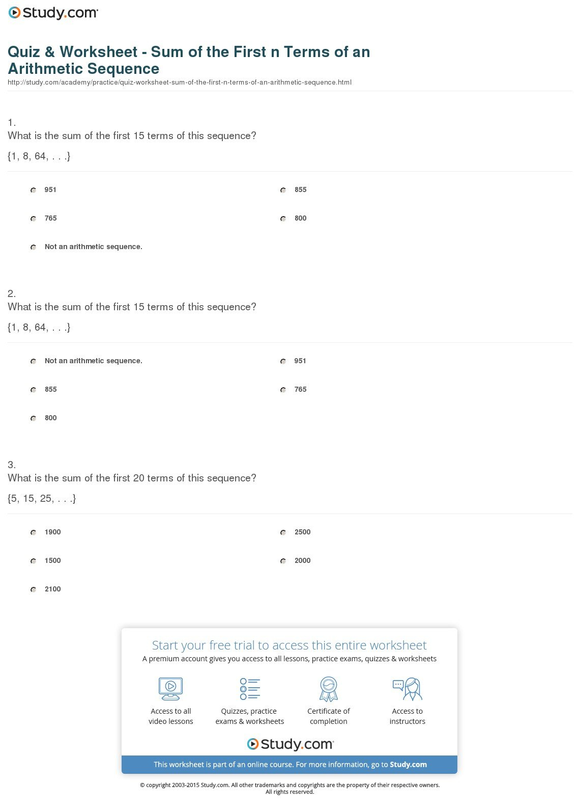 Quiz  Worksheet  Sum Of The First N Terms Of An Arithmetic For Arithmetic Sequence Practice Worksheet