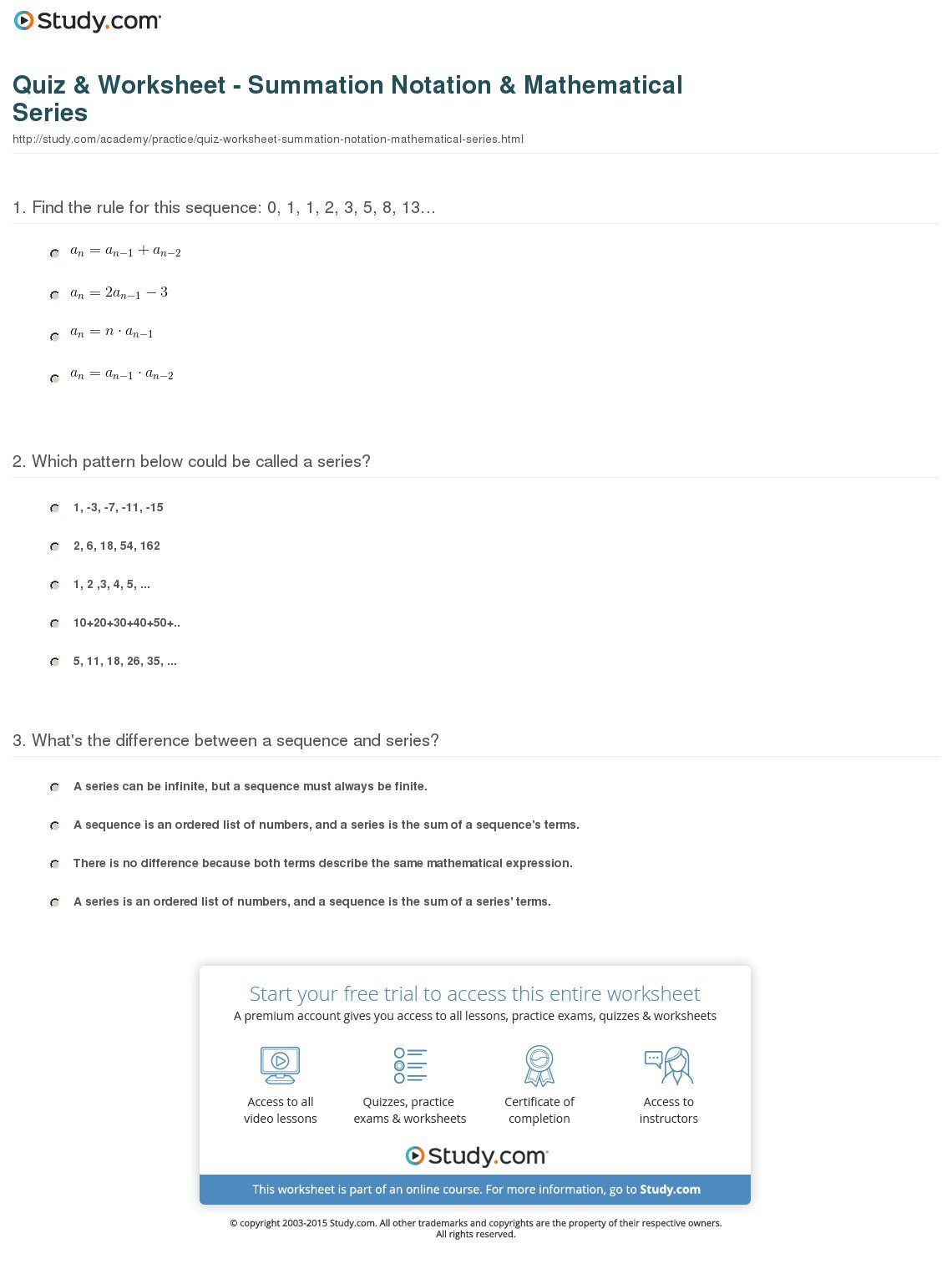 Quiz  Worksheet  Summation Notation  Mathematical Series  Study Along With Sequences And Series Worksheet Answers
