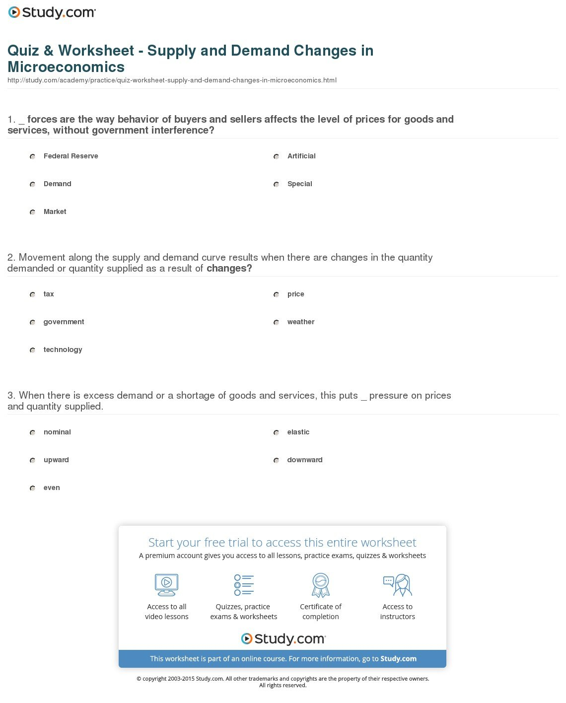 Quiz  Worksheet  Supply And Demand Changes In Microeconomics Throughout Supply And Demand Worksheet
