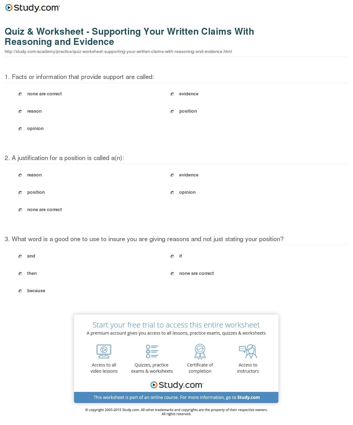 Quiz  Worksheet  Supporting Your Written Claims With Reasoning And For Claim Evidence Reasoning Worksheets