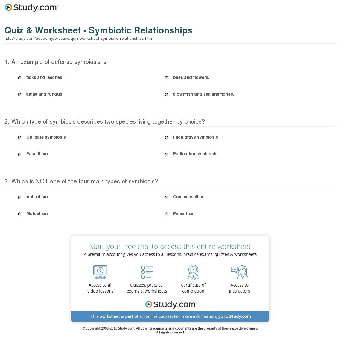 Quiz  Worksheet  Symbiotic Relationships  Study For Ecological Relationships Worksheet Answers