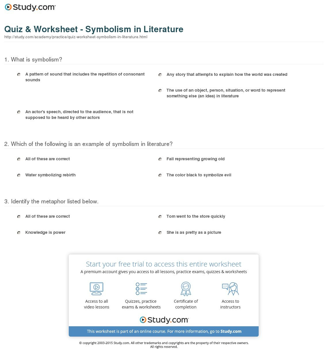 Quiz  Worksheet  Symbolism In Literature  Study Along With Symbolism In Poetry Worksheets