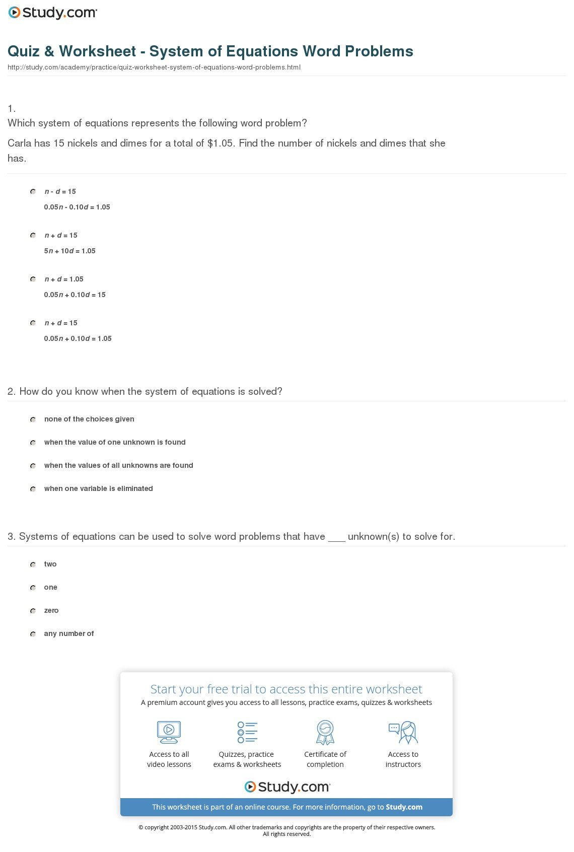 Quiz  Worksheet  System Of Equations Word Problems  Study For Solving Word Problems Using Systems Of Equations Worksheet Answers
