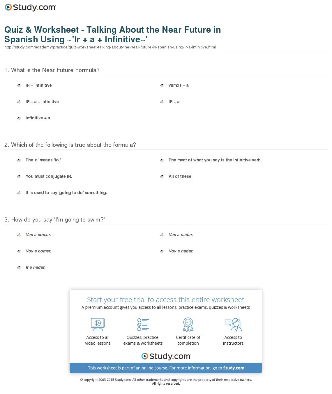 Quiz  Worksheet  Talking About The Near Future In Spanish Using Regarding Ir A Infinitive Worksheet Answers