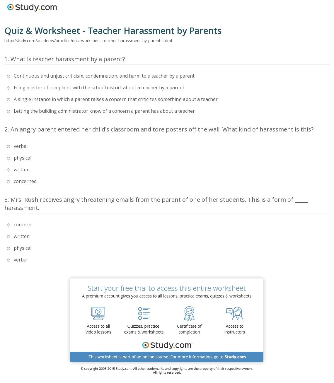 Quiz  Worksheet  Teacher Harassmentparents  Study With Regard To Harassment Lesson Plans Worksheets