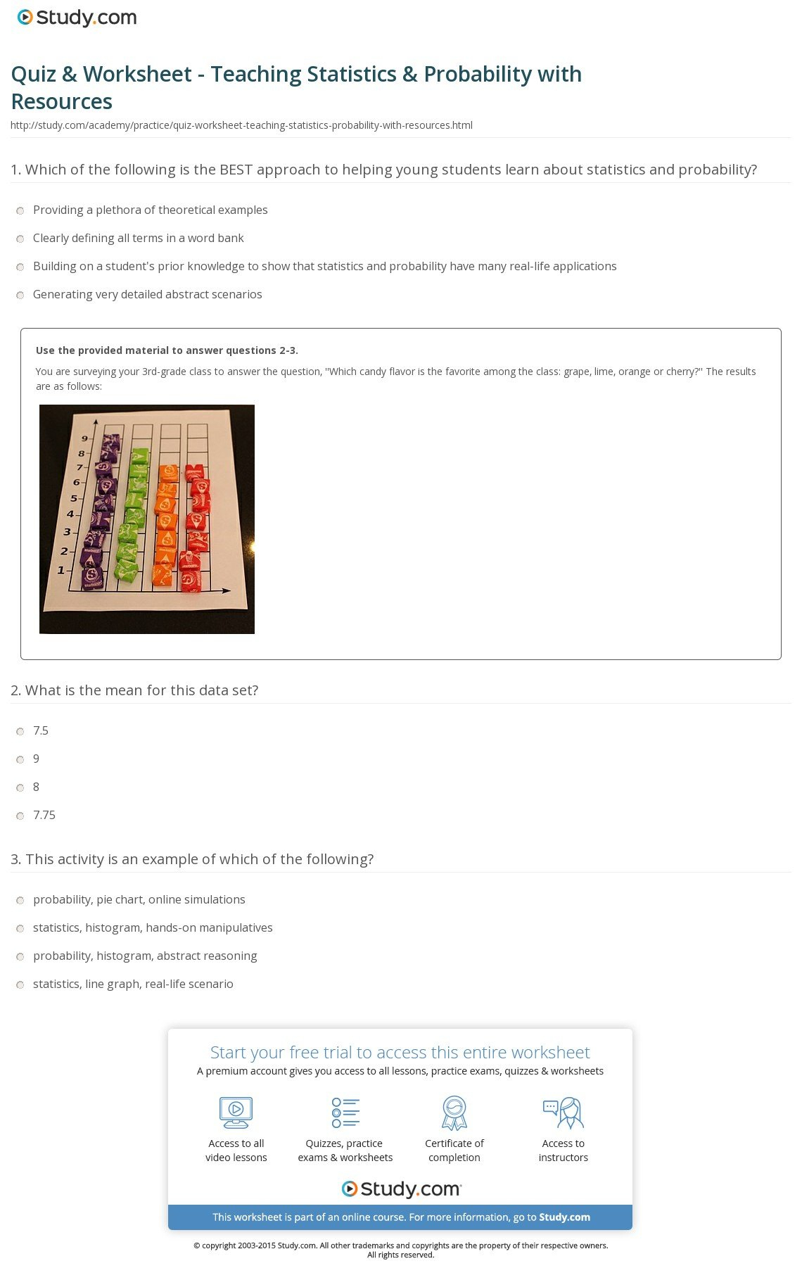 Quiz  Worksheet  Teaching Statistics  Probability With Resources With Statistics And Probability Worksheets
