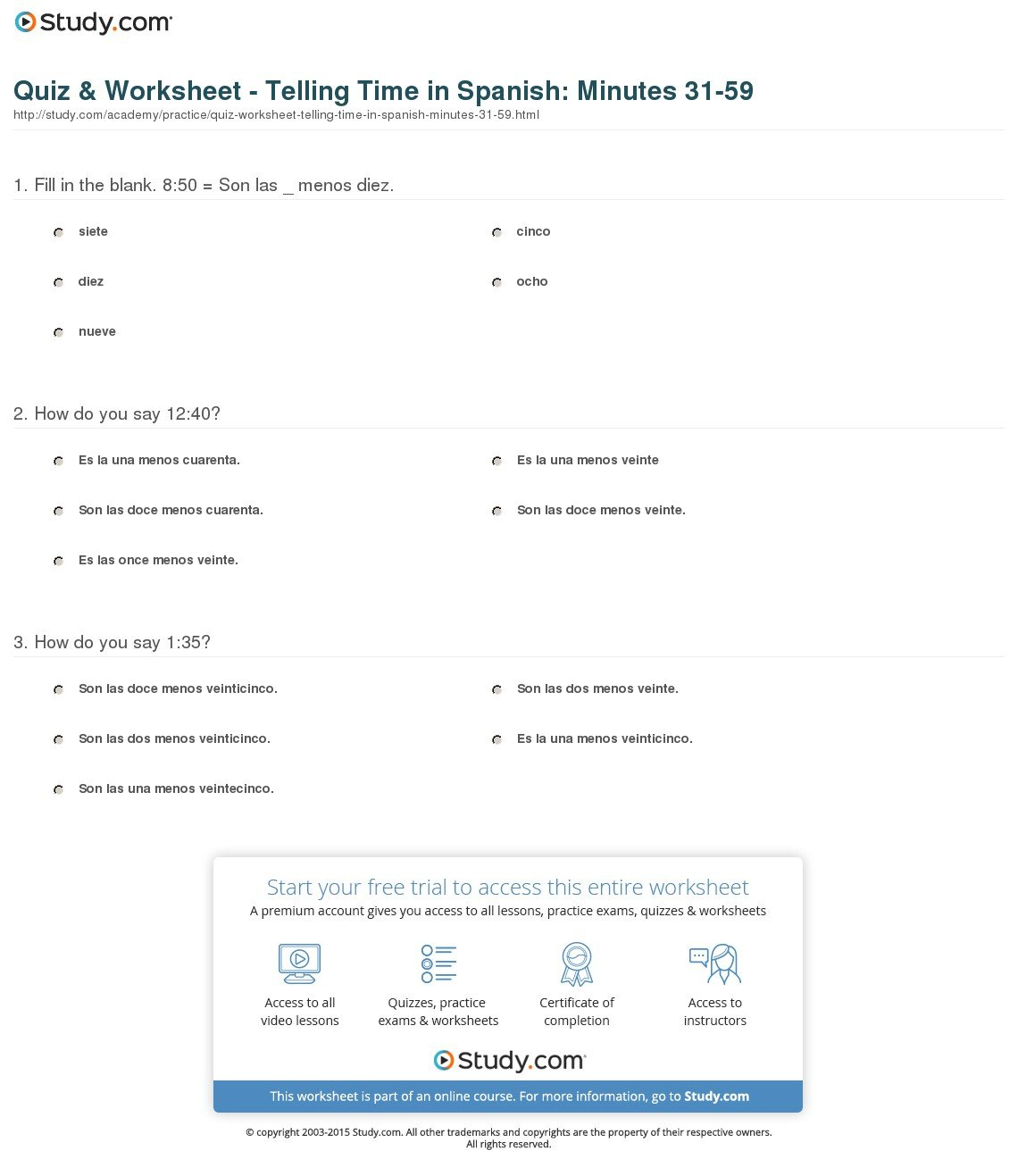 Quiz  Worksheet  Telling Time In Spanish Minutes 3159  Study Also Telling Time In Spanish Worksheets