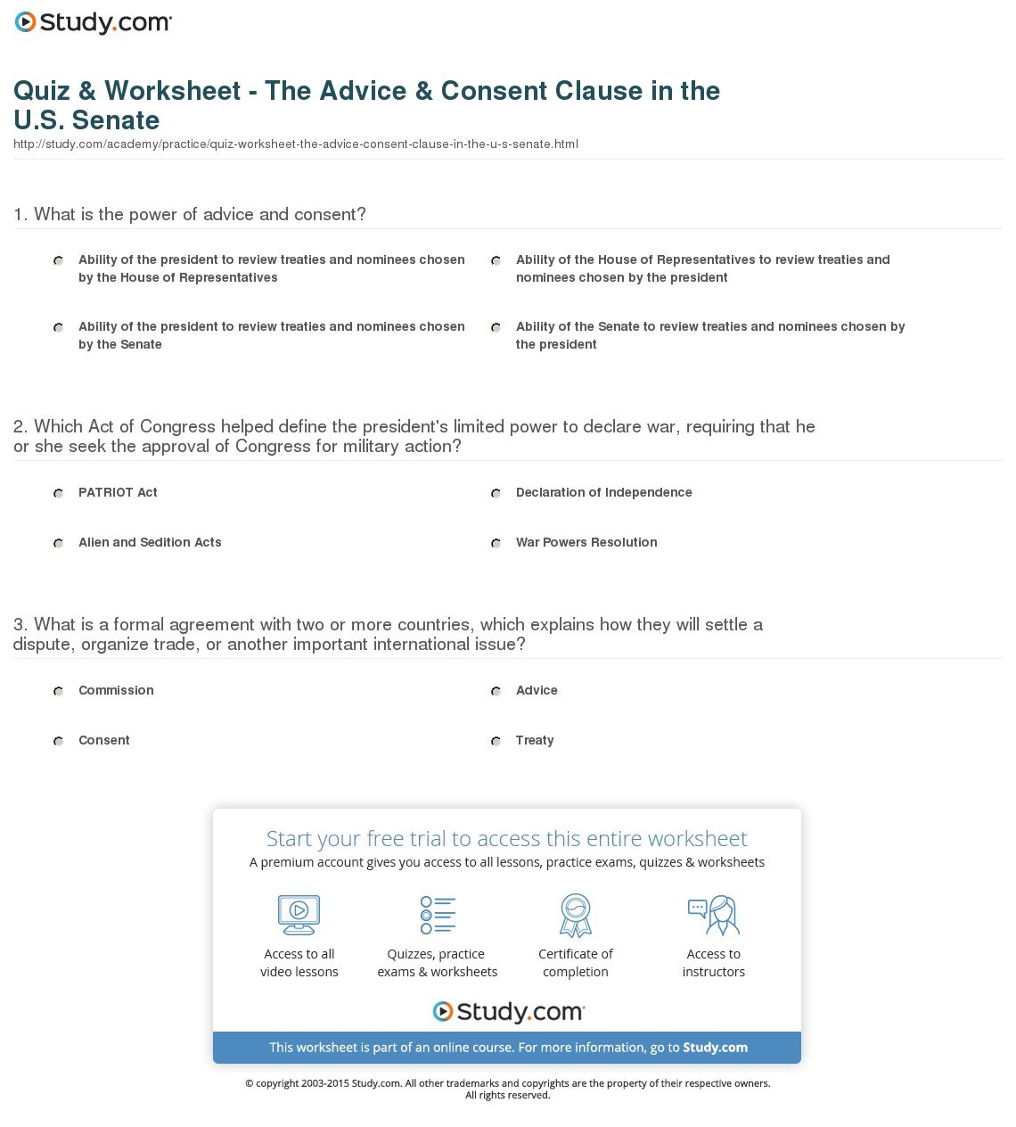 Quiz  Worksheet  The Advice  Consent Clause In The Us Senate Pertaining To The Senate Worksheet Answers