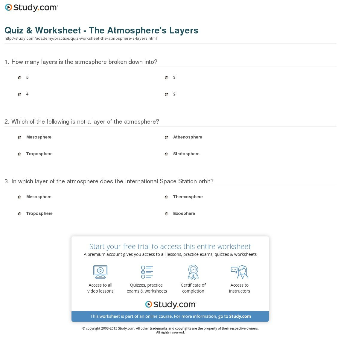 Quiz  Worksheet  The Atmosphere's Layers  Study Also Layers Of The Atmosphere Worksheet Answers