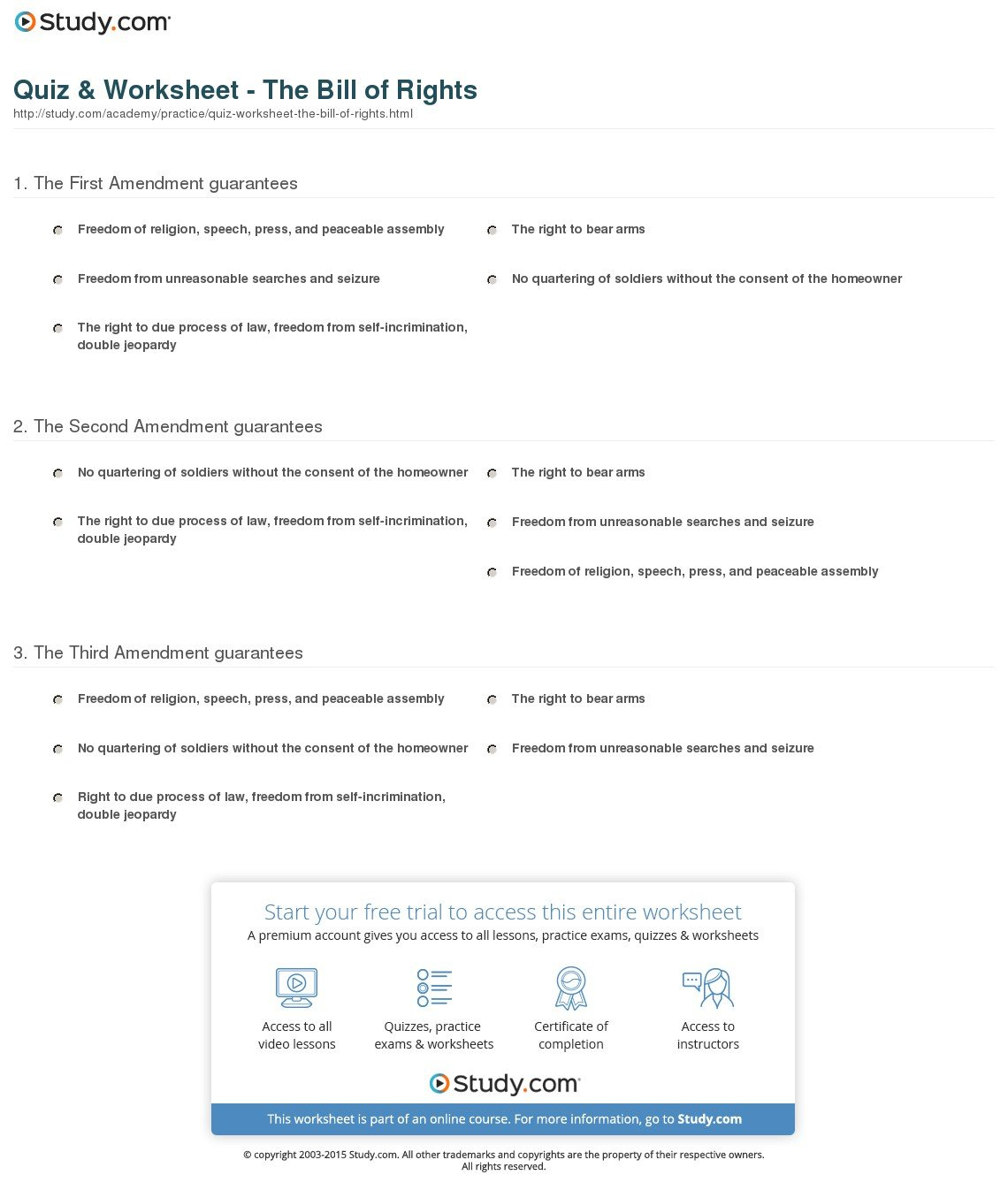 Quiz  Worksheet  The Bill Of Rights  Study And Bill Of Rights Worksheet