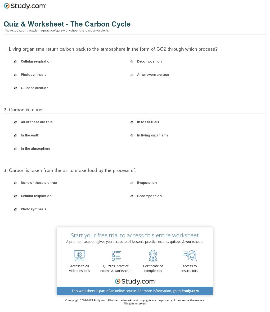 Quiz  Worksheet  The Carbon Cycle  Study Intended For The Carbon Cycle Worksheet Answers