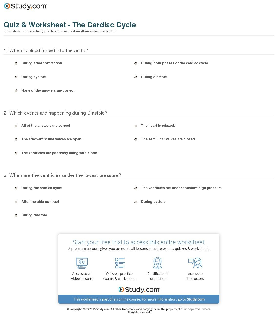 Quiz  Worksheet  The Cardiac Cycle  Study Along With Heart Valves And The Cardiac Cycle Worksheet Answers