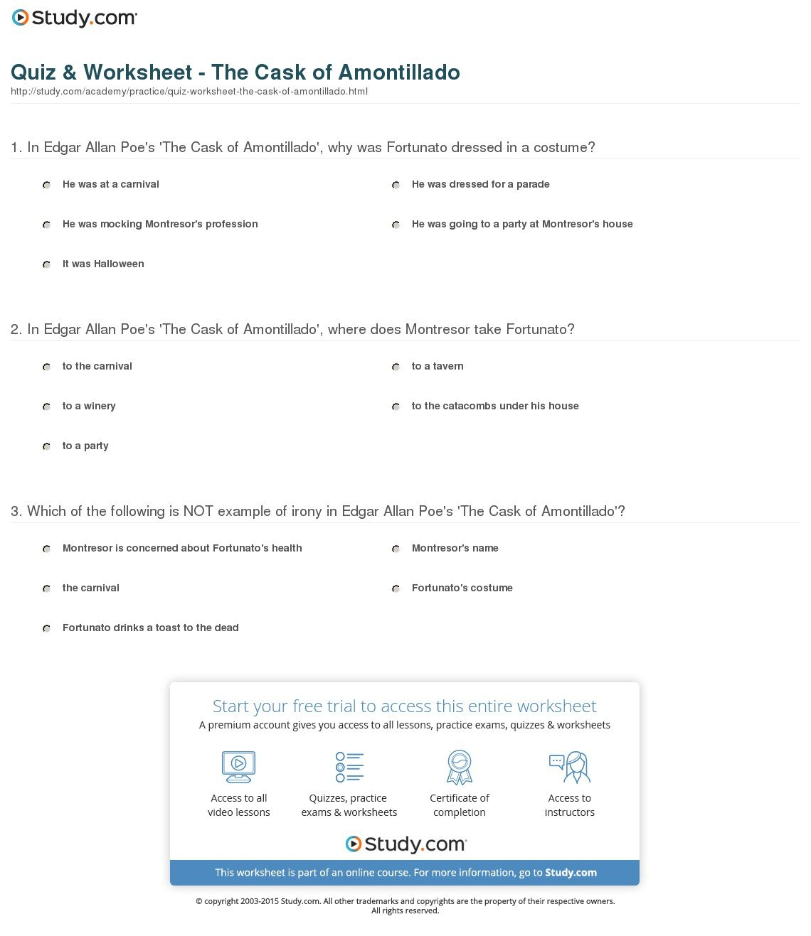 Quiz  Worksheet  The Cask Of Amontillado  Study Pertaining To The Cask Of Amontillado Worksheet Answers