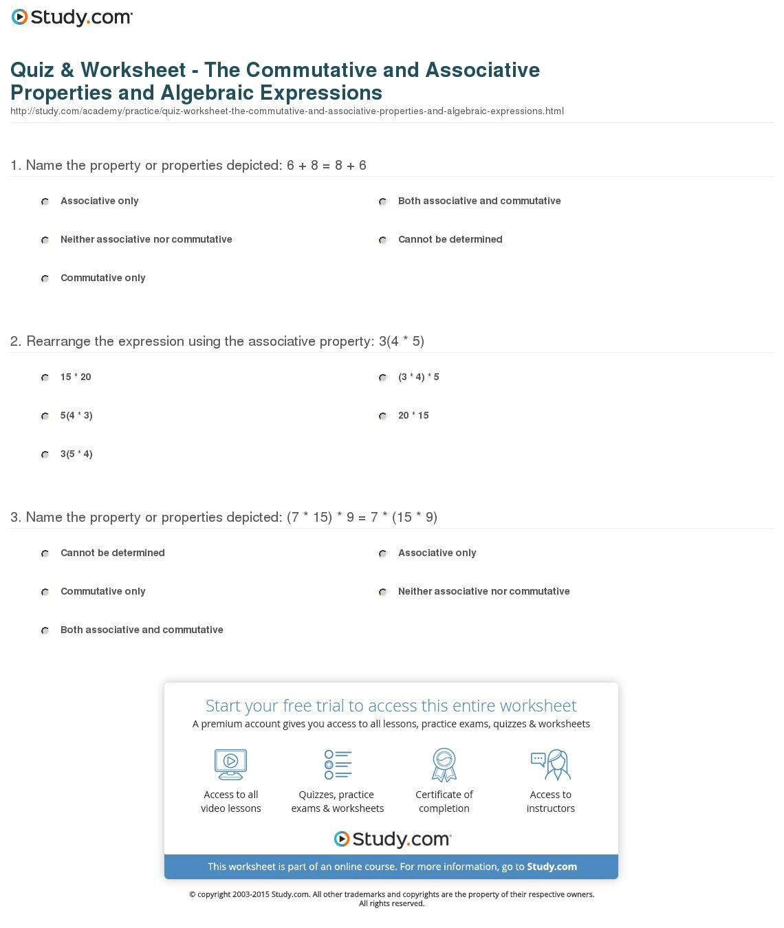 Quiz  Worksheet  The Commutative And Associative Properties And As Well As Algebraic Properties Worksheet