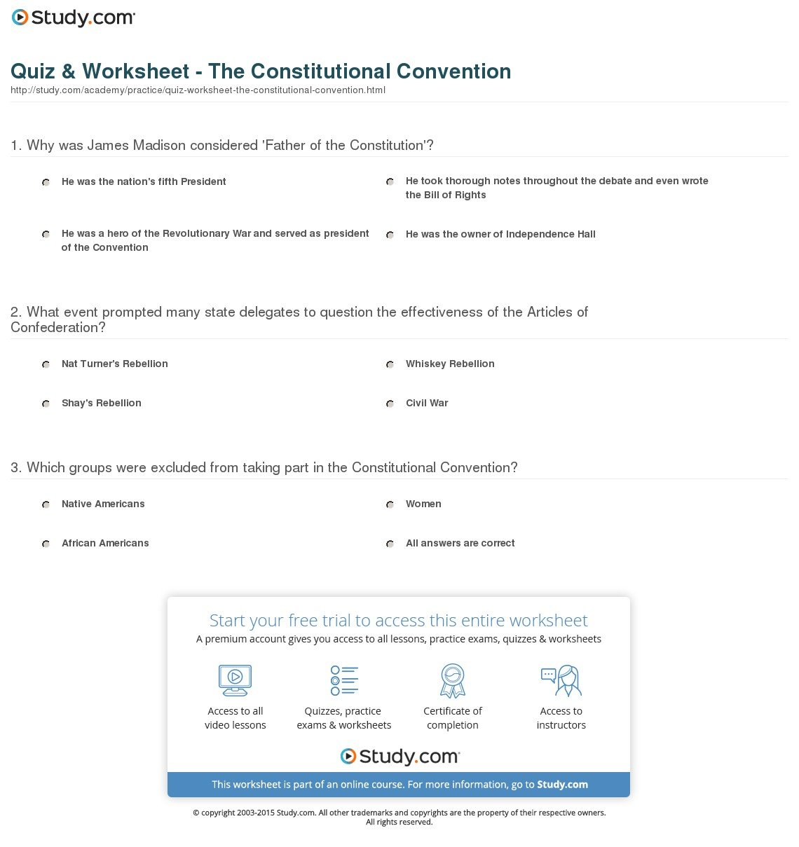 Quiz  Worksheet  The Constitutional Convention  Study For The Constitutional Convention Worksheet Answer Key