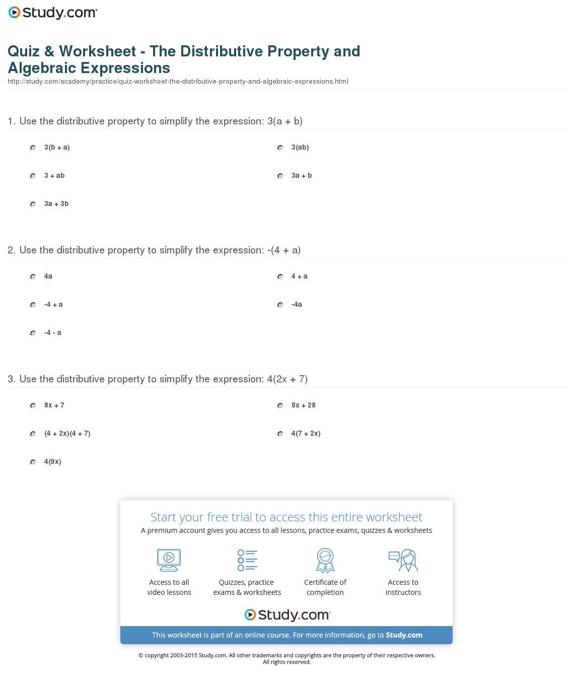 Quiz  Worksheet  The Distributive Property And Algebraic Or Distributive Property Practice Worksheet