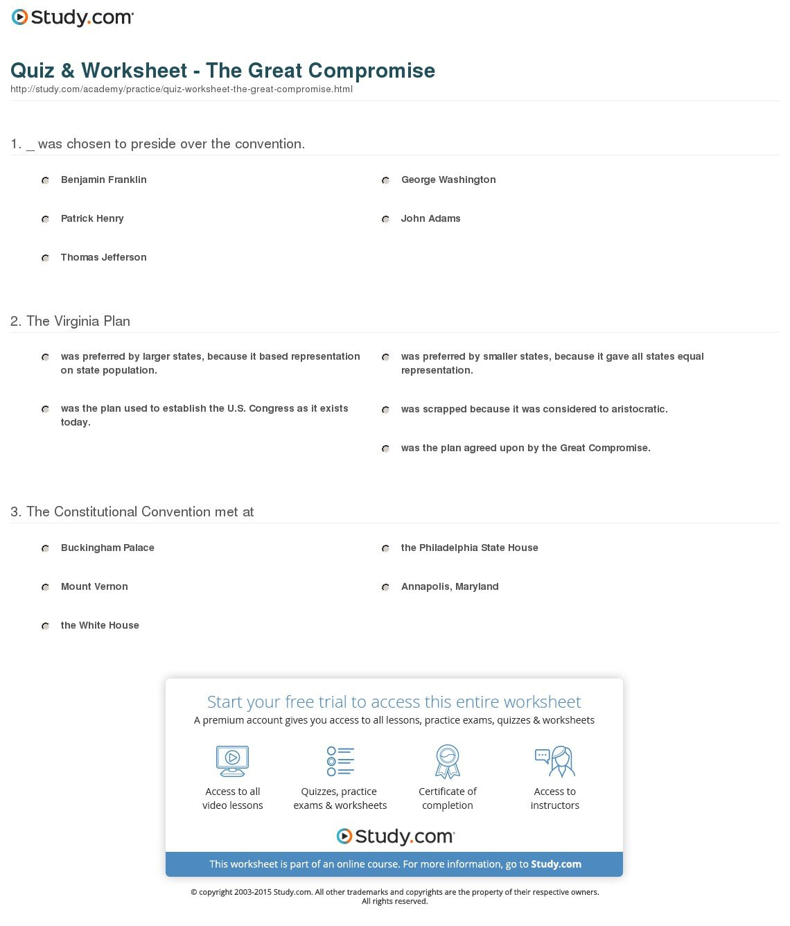 Quiz  Worksheet  The Great Compromise  Study And Constitutional Compromises Worksheet
